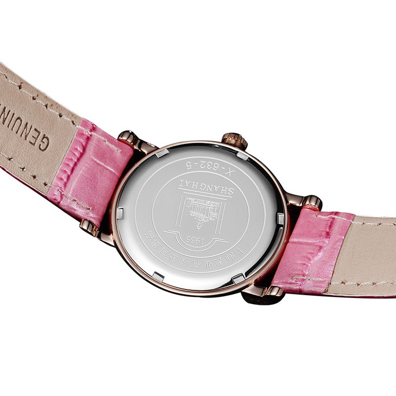 上海表SHANGHAI手表 防水女士潮流时尚真皮表带女表 石英表女士腕表皮革真皮表带女表粉色腕表X632高清大图