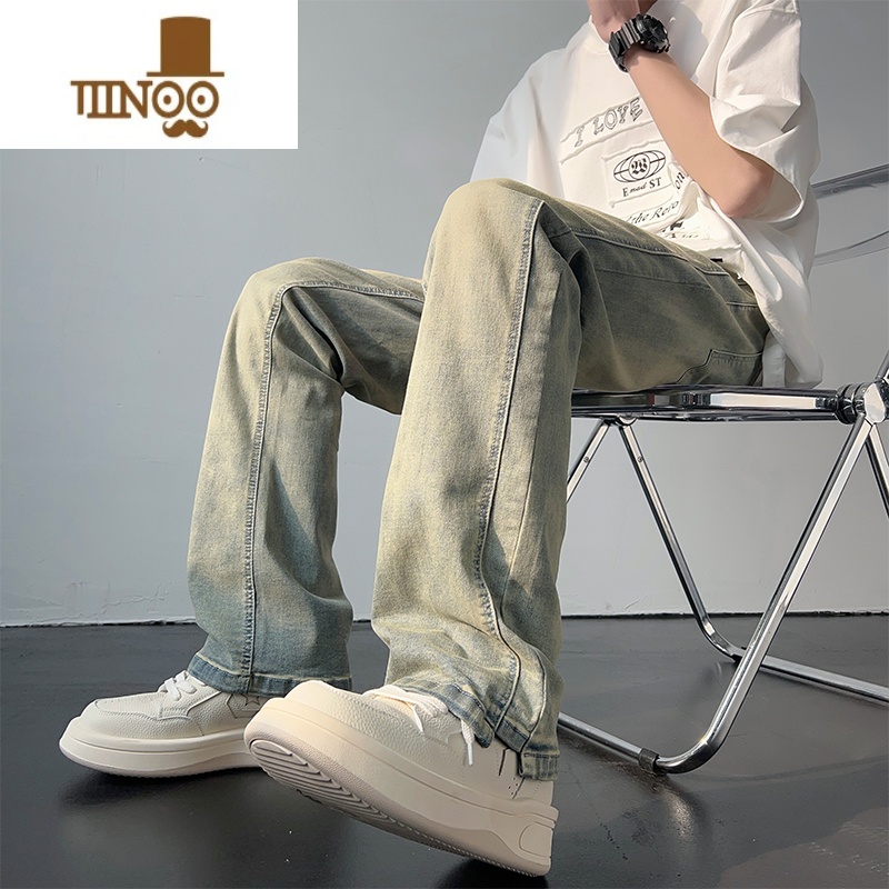 YANXU美式牛仔裤男款水洗做旧黄泥染长裤潮牌高街宽松直筒裤子男高清大图