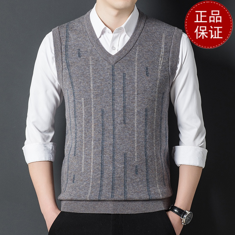 免费退换 男士羊绒马甲背心坎肩100纯山羊绒条纹休闲爸爸中年百搭针织毛衣山羊绒不褪色保暖舒适全羊毛打底衫针织套头毛衣大