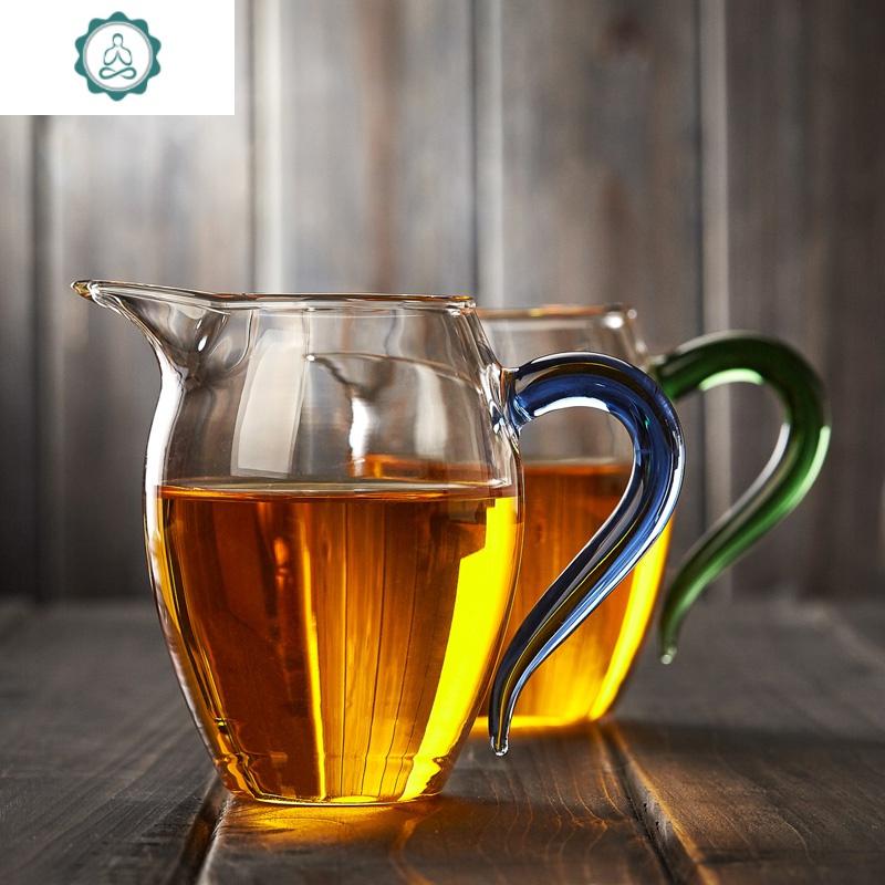玻璃公道杯加厚耐热功夫茶具配件过滤茶海分茶器带茶漏套装 封后 蓝把手+玻璃滤网