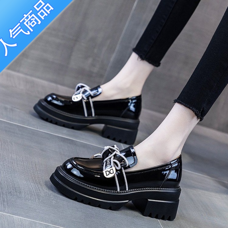 SUNTEK英伦风小皮鞋女春秋2023新款夏季透气网纱单鞋增高黑色乐福鞋高清大图