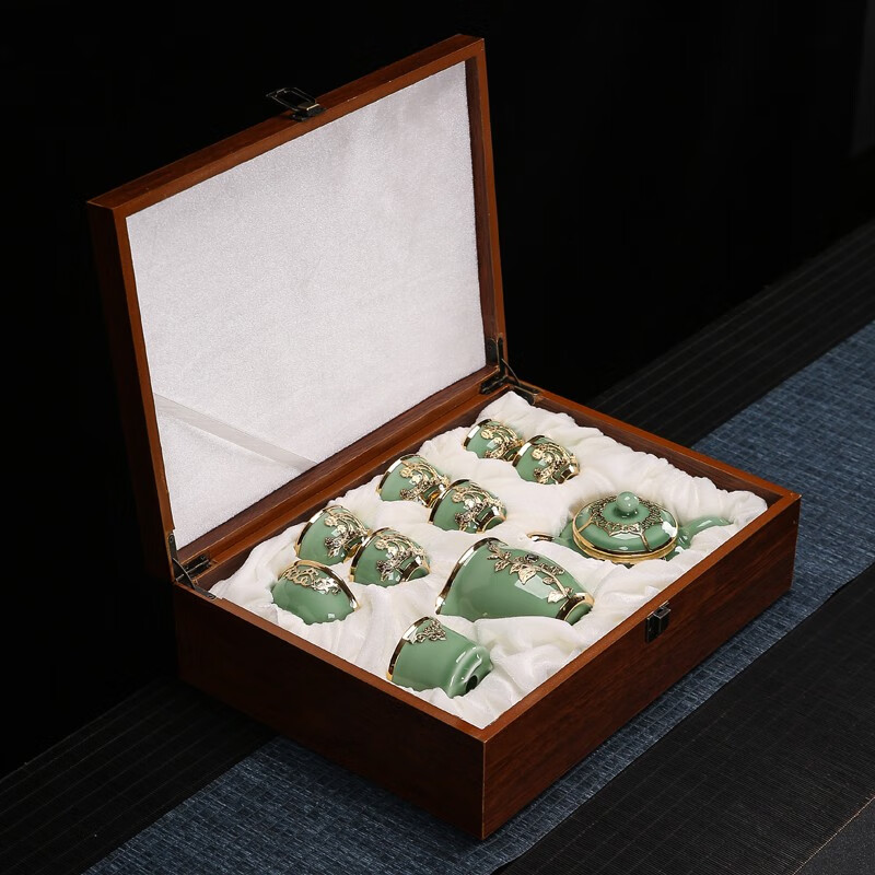 金镶玉 一缕兰香青瓷茶具套装 龙泉青瓷茶具套装 陶瓷金镶玉工艺茶壶茶杯公道杯礼盒装高清大图