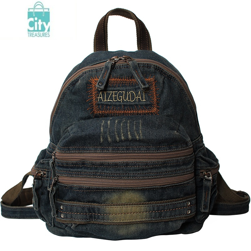 bangdou日系牛仔布双肩包女包复古风背包休闲旅行包时尚少女书包韩版