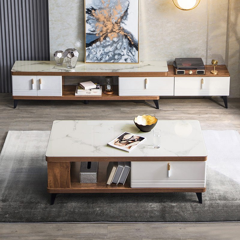 北欧简约客厅可伸缩电视柜闪电客茶几组合钢化玻璃面地柜ls186