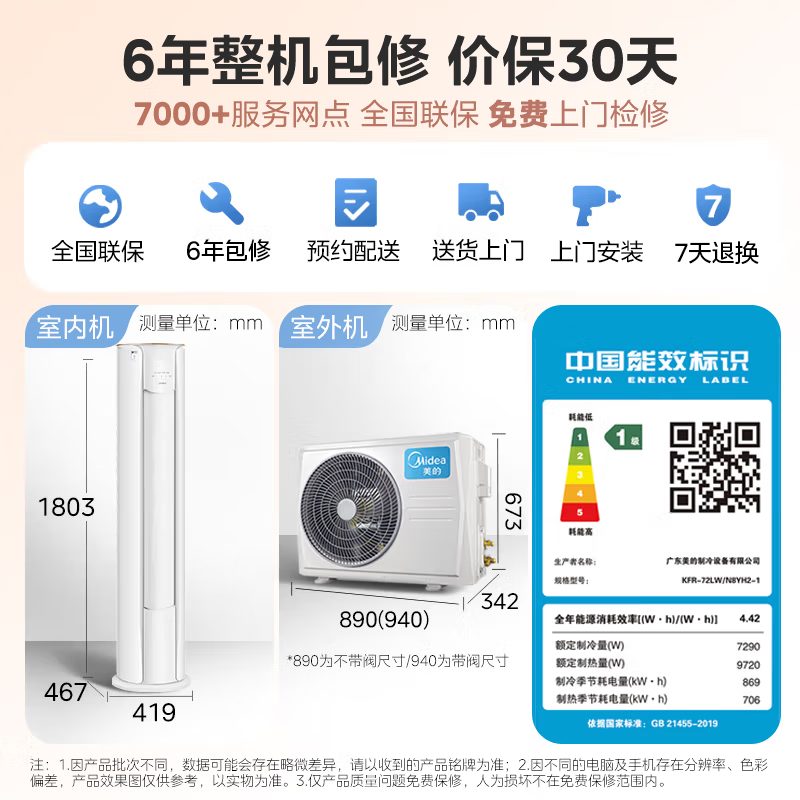 [官方旗舰店]美的空调3匹p智行二代新一级智能变频冷暖立式柜机节能省电客厅家用KFR-72LW/N8YH2-1高清大图