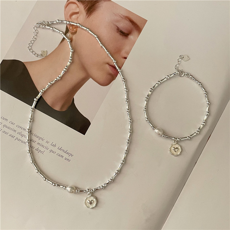 S925纯银韩版手工竹节款心形珍珠项链女自由之翼项链轻奢小众套装送女朋友老婆情人节七夕生日礼物