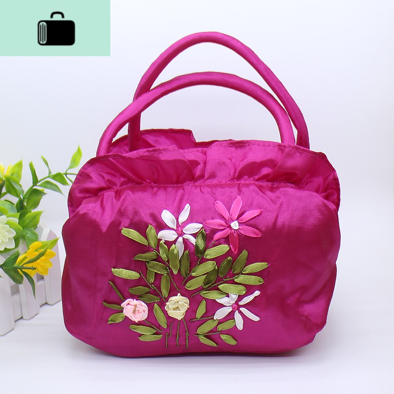 零钱包女包绣花手提手拎小包包中年妈妈买菜包丝绸迷你奶奶老年包NEW LAKE 拉链款玫红