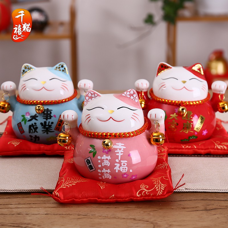 正版猫摆件 小号办公室桌面陶瓷存钱储蓄罐家居创意礼品车摆 三维工匠 4.5寸粉色幸福满满猫高清大图