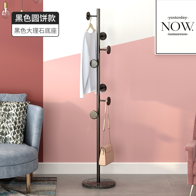 锦北 大理石铁艺衣帽架落地简易衣服卧室家用置物收纳简约现代挂衣架子 黑色大理石+黑色圆饼高清大图