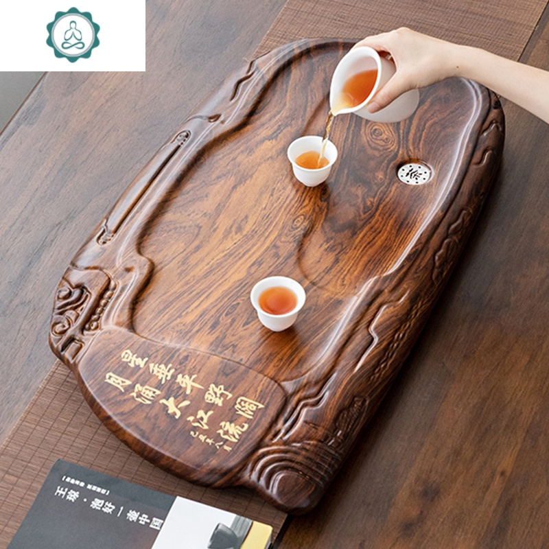茶具茶盘实木整块原木家用客厅泡茶大号排水茶台小茶海套装 封后 黑檀木喜上梅梢茶盘