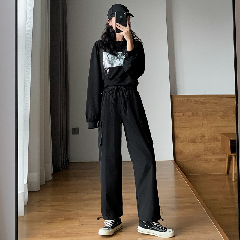 束脚工装裤女春秋夏直筒宽松2021新款高腰显瘦ins潮小个子休闲裤 黑色 S