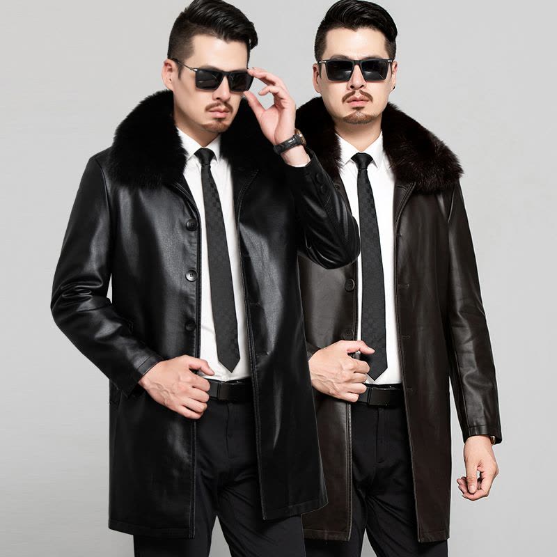 春秋季海宁真皮皮衣男士中长款风衣西装领中青年潮流真皮外套2023新款海宁真皮中长款真皮皮衣男士真皮风衣翻领男士春装图片