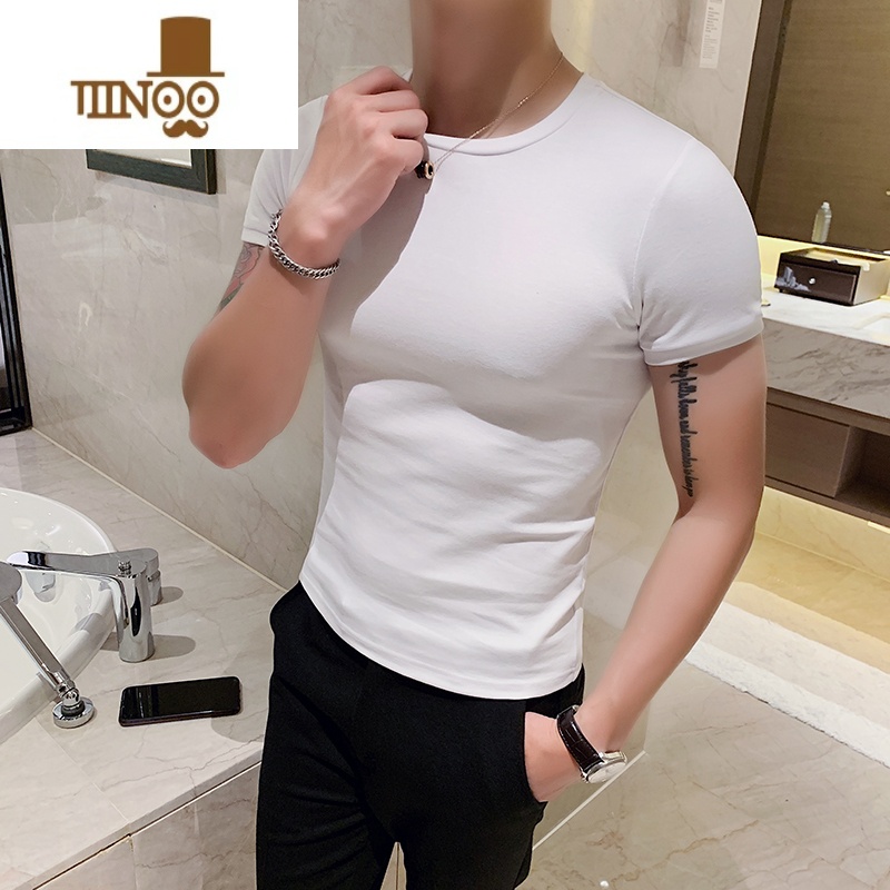YANXU夏季新款个性时尚修身短袖男T恤韩版紧身圆领打底衫白t血桖潮半袖 白色 5XL