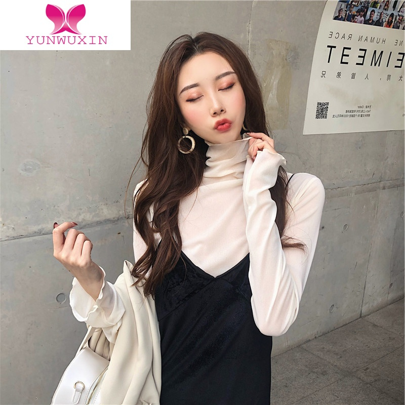 YUNWUXIN修身高领内搭长袖蕾丝打底衫女夏薄款仙网纱上衣白色木耳边T恤