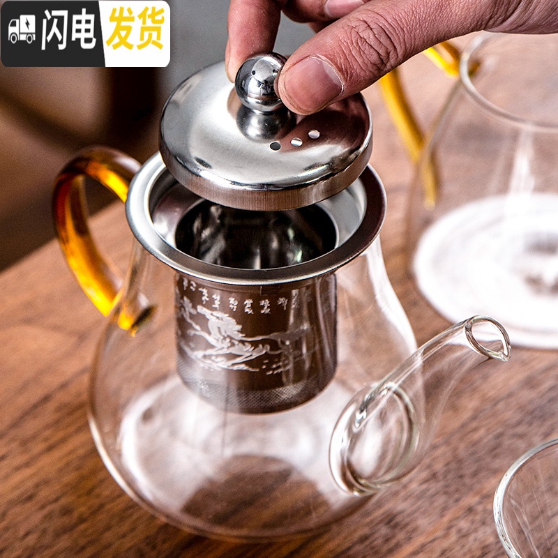 三维工匠耐热玻璃茶具套装家用功夫茶具带过滤不锈钢内胆泡花茶壶茶杯整套 金色亮彩壶10件套+小平板排水茶盘高清大图
