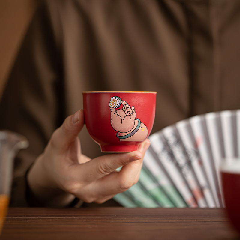苏氏陶瓷(SUSHI CERAMICS)故宫红恭喜发财心意茶杯杯架盘套组