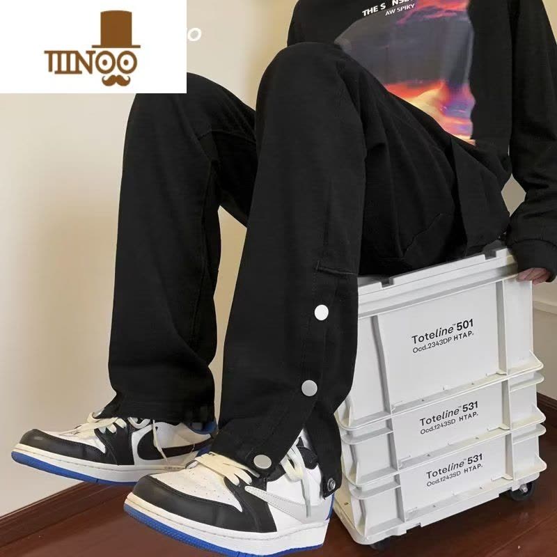 YANXU黑色排扣牛仔裤男美式vibe街头直筒休闲裤高街ins潮牌开叉长裤子图片