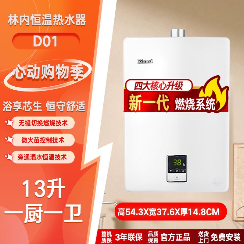 Rinnai/林内 燃气热水器家用强排式变频恒温天然气13升13QD01防风防冻C01/D01高清大图