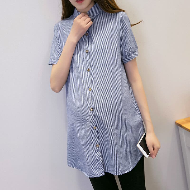 迪鲁奥(DILUAO)外穿条纹职业孕妇衬衫中长款翻领衬衣打底上衣2021秋装孕妇装 蓝条纹-长袖图片