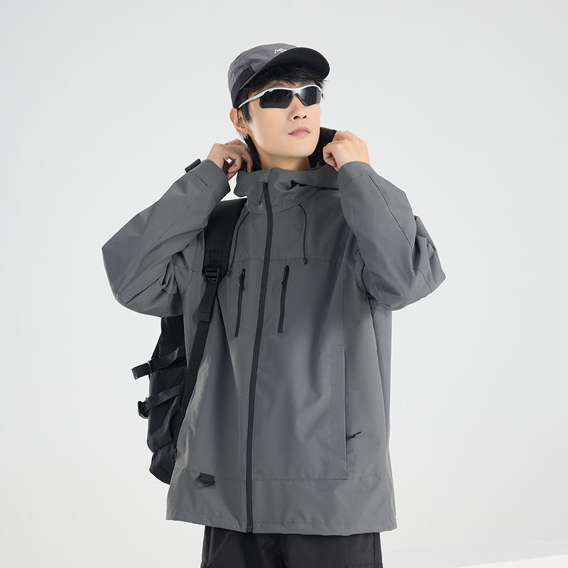 渔人船长春秋时尚户外薄款冲锋衣男女单层风衣连帽防风短款外套 烟铂灰（男女通码） 3XL