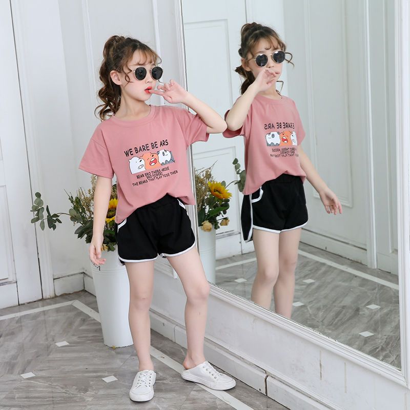 女童夏装儿童套装童装女宝宝中大童短袖短裤宽松家居服睡衣运动装红色