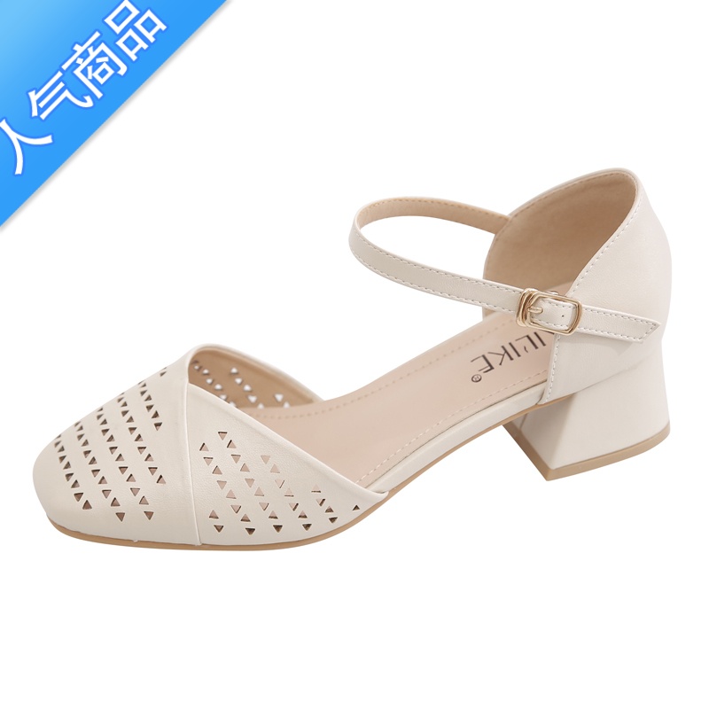 SUNTEK镂空方头凉鞋女2023夏季新款透气包头女鞋粗跟中跟一字带扣单鞋潮高清大图