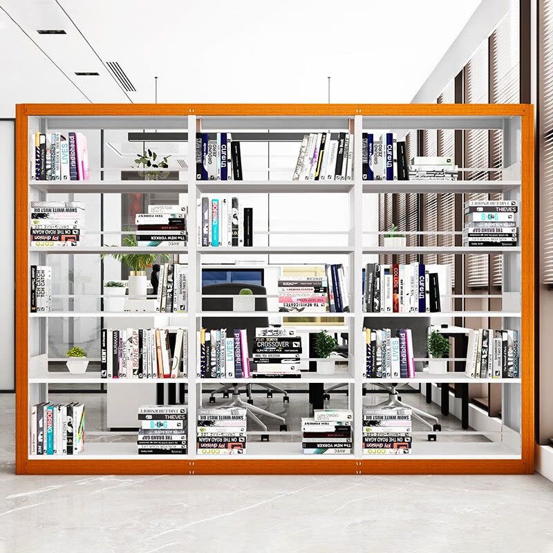 域赢钢制书架学校图书馆书店书籍室阅览室双面资料架木护板一列三组五层图片