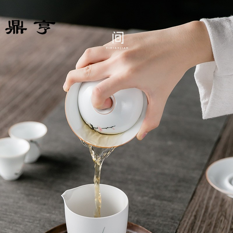鼎亨手绘梅花盖碗茶杯陶瓷功夫茶具三才碗釉下彩薄胎白瓷泡茶碗敬