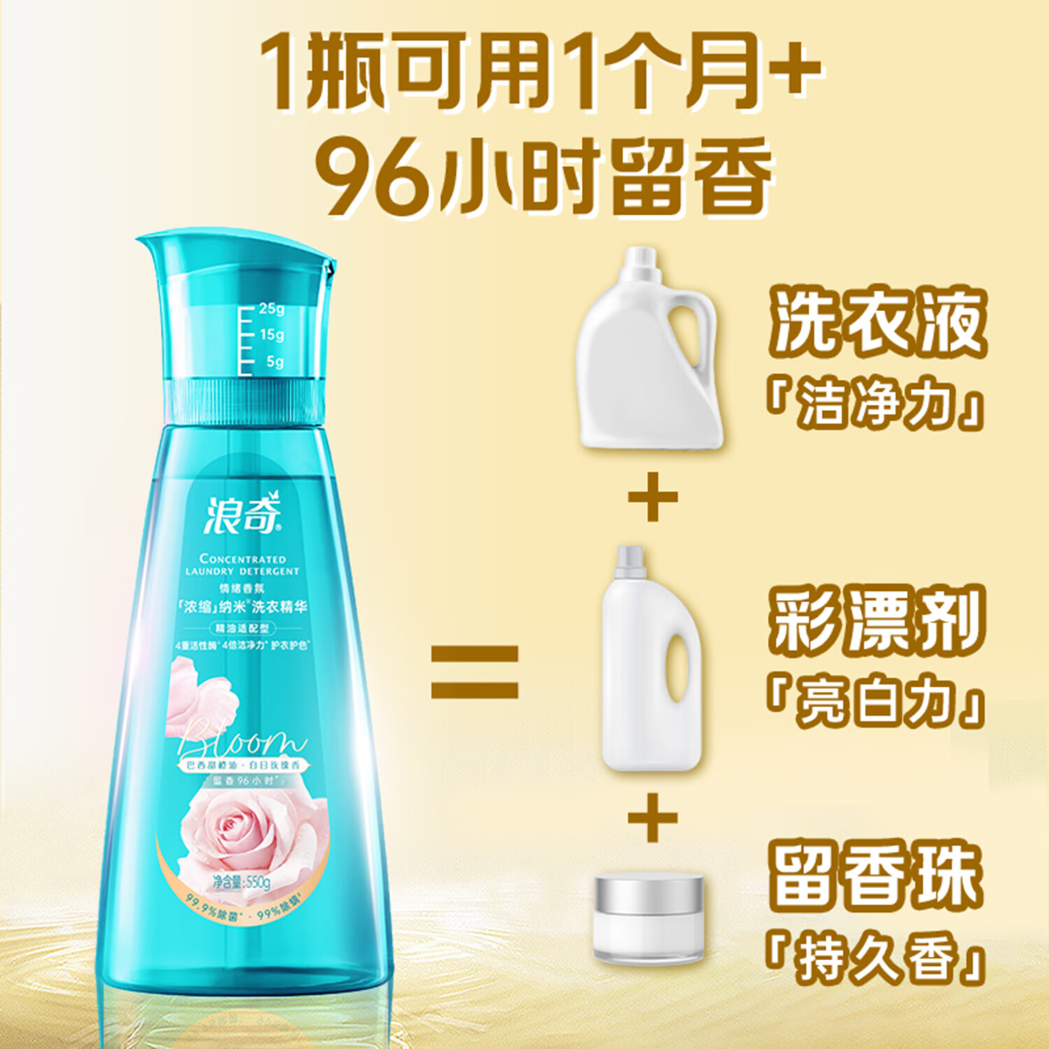浪奇(Lonkey) 白日玫瑰香薰纳米洗衣液浓缩洗护550g 除菌除螨去污渍 15分钟快洗持久留香