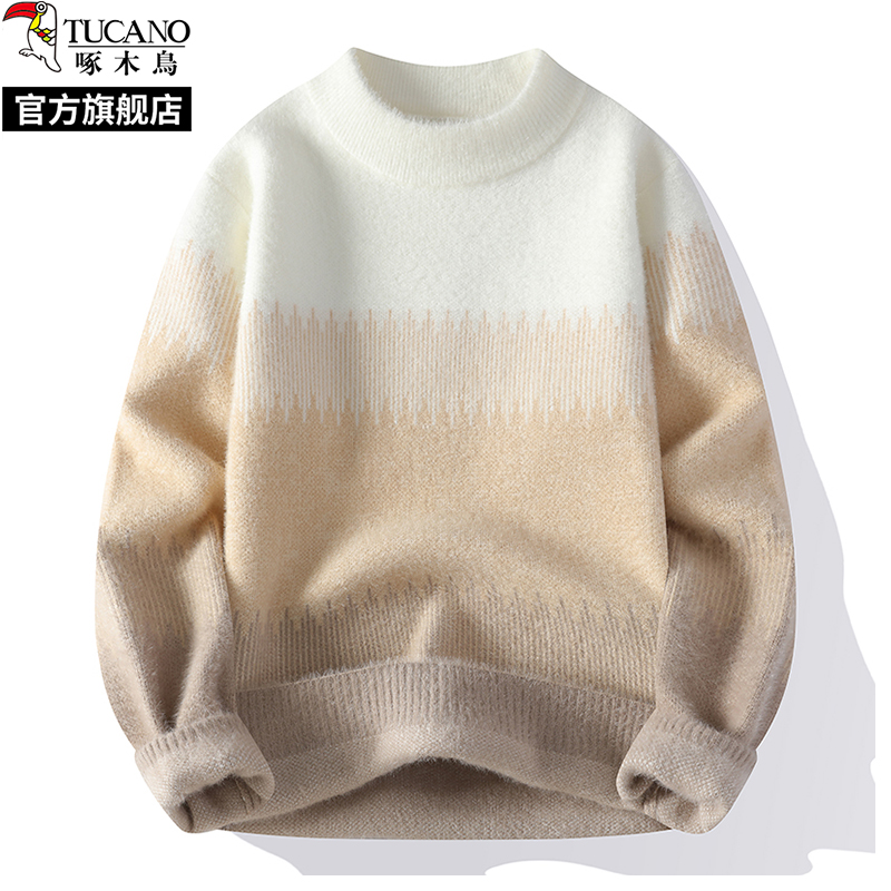 啄木鸟2024秋冬季新款圆领毛衣男士水貂一体绒加绒针织打底衫线圆高清大图