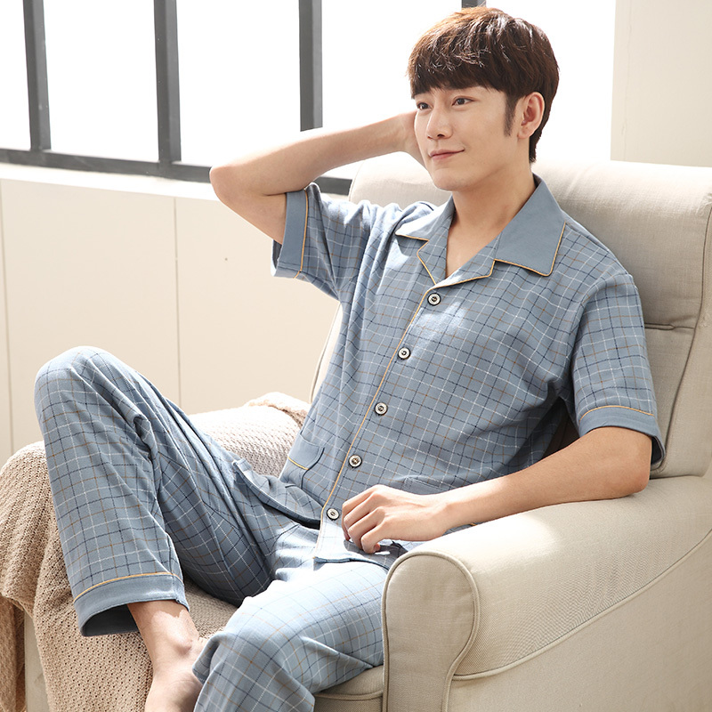 睡衣男夏季纯棉短袖长裤男士薄款中年爸爸夏天男款全棉套装家居服