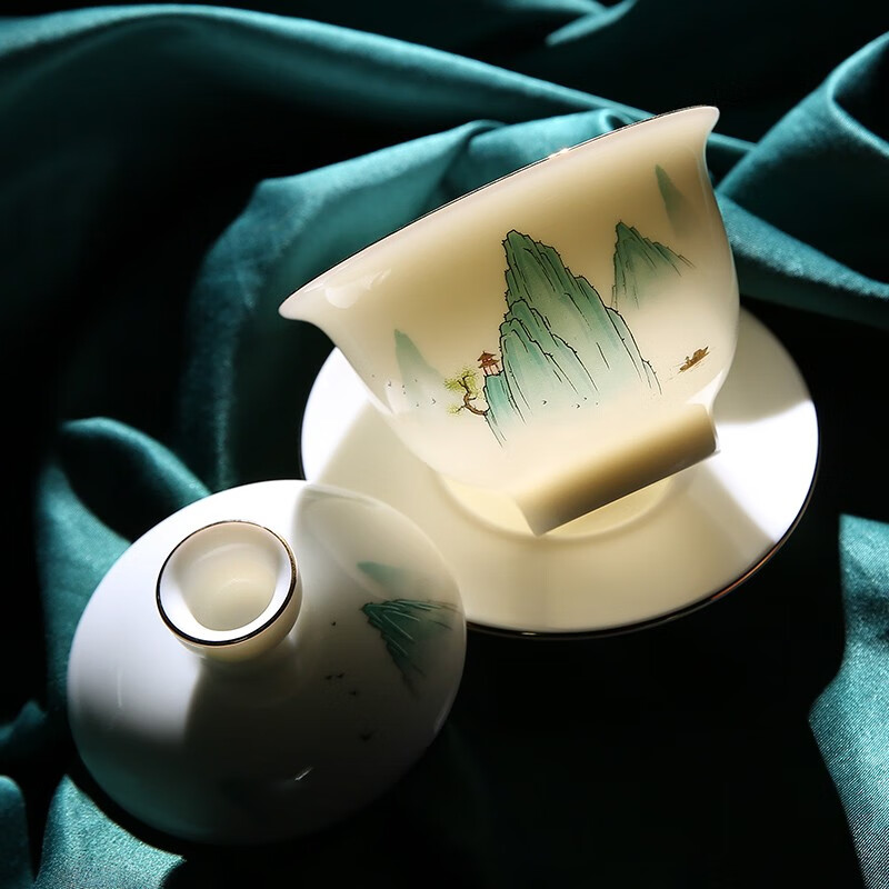 金镶玉 碧水舟行羊脂玉瓷描金套组 功夫茶具套装 陶瓷白瓷泡茶壶盖碗公道杯茶杯礼盒装高清大图