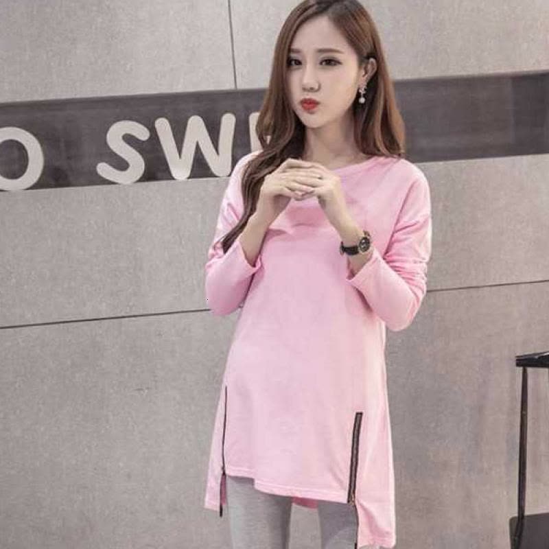 迪鲁奥（DILUAO)孕妇装春装套装春季中长款孕妇上衣宽松纯色孕妇套装薄款两件套潮c38- 双拉链粉色上衣+灰色长裤(套图片