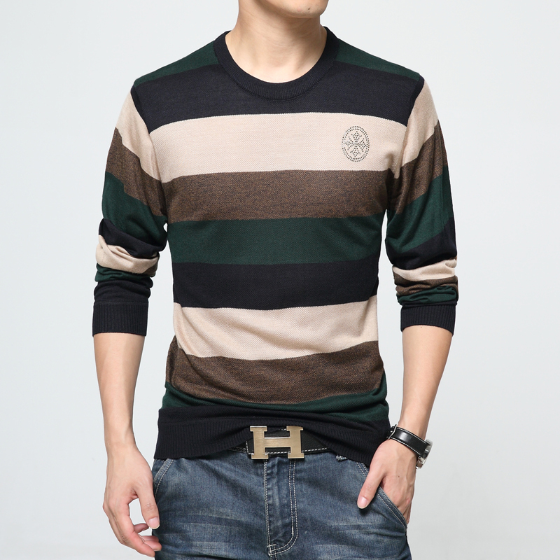 秋季新款时尚潮流中老年人休闲百搭上衣服爸爸装中年男士条纹长袖t恤