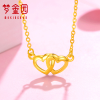 梦金园 金项链 足金999心心相连吊坠套链5G工艺锁骨链女
