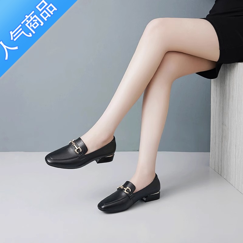 SUNTEK春秋季单鞋女软底平底粗跟2023新款低跟英伦风皮鞋乐福鞋大码高清大图