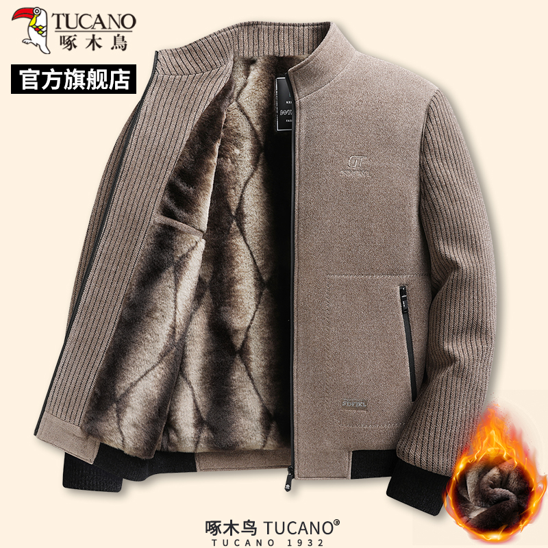 啄木鸟冬季新款男士加绒加厚毛呢大衣中老年爸爸装翻领棉衣外套新高清大图