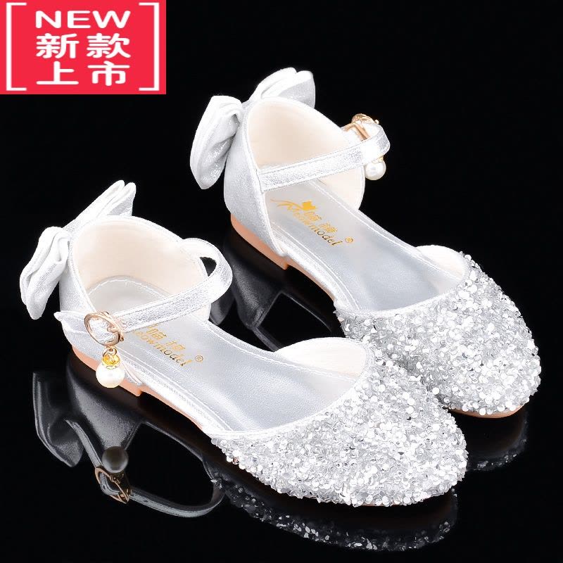 可莉允洋气儿童公主鞋水晶鞋女童高跟鞋软底小学生礼服舞蹈皮鞋银色带钻运动休闲鞋图片