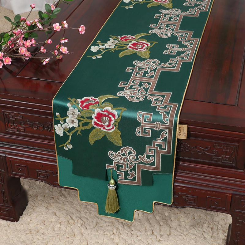 新中式古典玉桌旗茶几长条布艺中国风桌布床柜旗电视柜盖布 绿牡丹阁 34*300适合桌长240-250CM