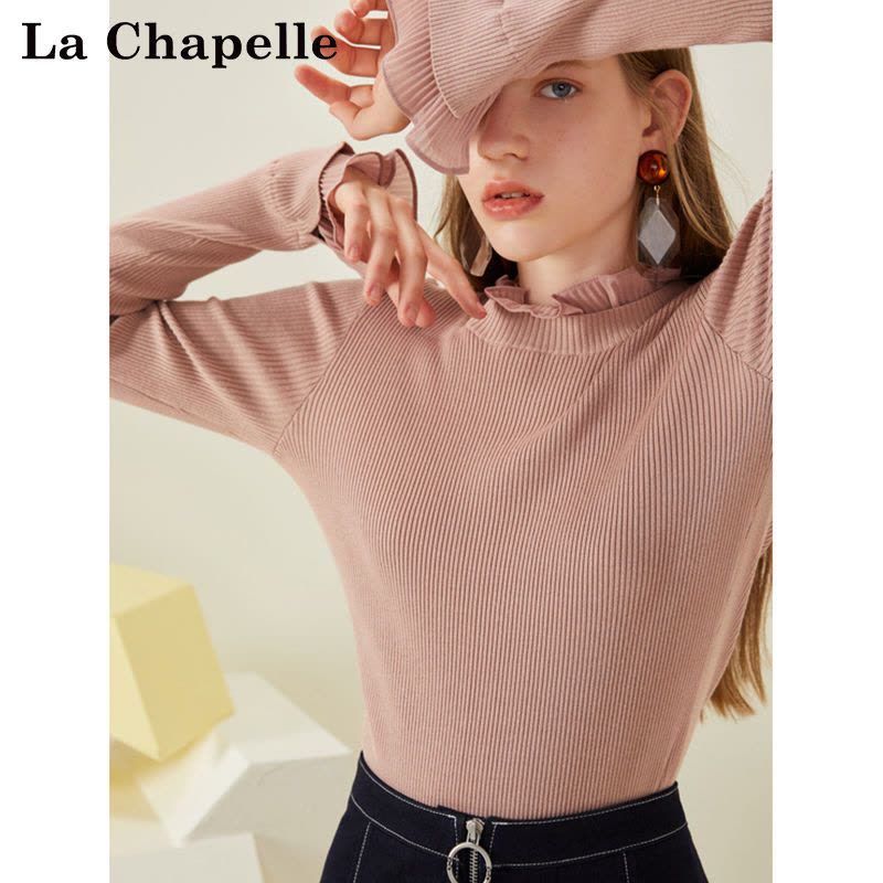 拉夏贝尔专柜cies新款修身显瘦韩版套头荷叶袖打底针图片