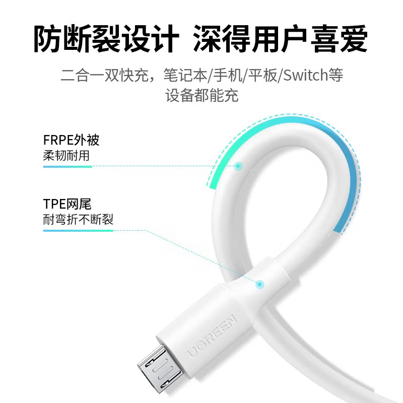 绿联 充电器 MicroUSB数据线安卓充电套装 适用于华为/小米/vivo/荣耀手机手环蓝牙耳机风扇充电头高清大图