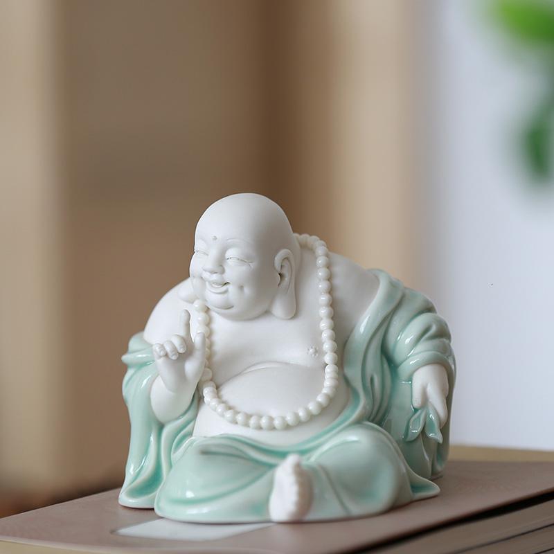 弥勒佛客厅酒柜装饰小摆件创意陶瓷汽车摆件车载佛像车内 三维工匠 小哈哈-青釉送佛珠高清大图