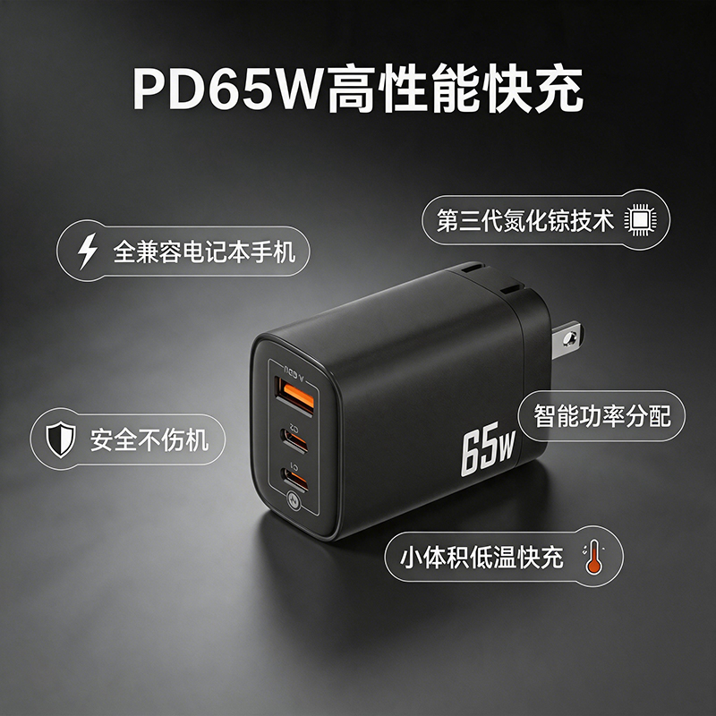 克维杰 安充系列 PD65W 2C1A口快充充电器(US)黑色 KV-A06S高清大图