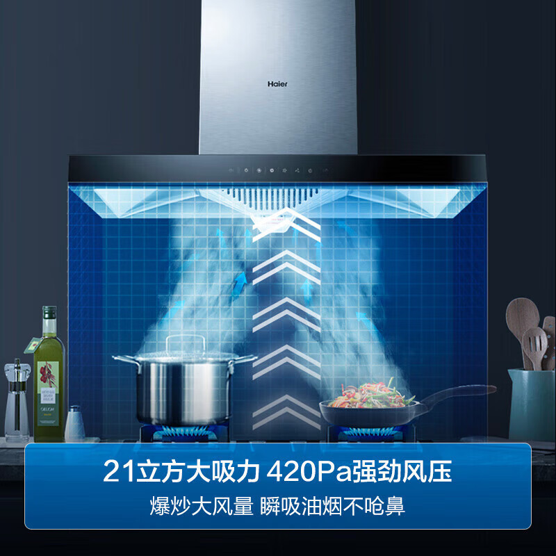 [官方旗舰店]海尔(Haier)抽油烟机21大吸力 420pa大风压 高频自旋洗 挥手控制 欧式吸油烟机E900T11高清大图