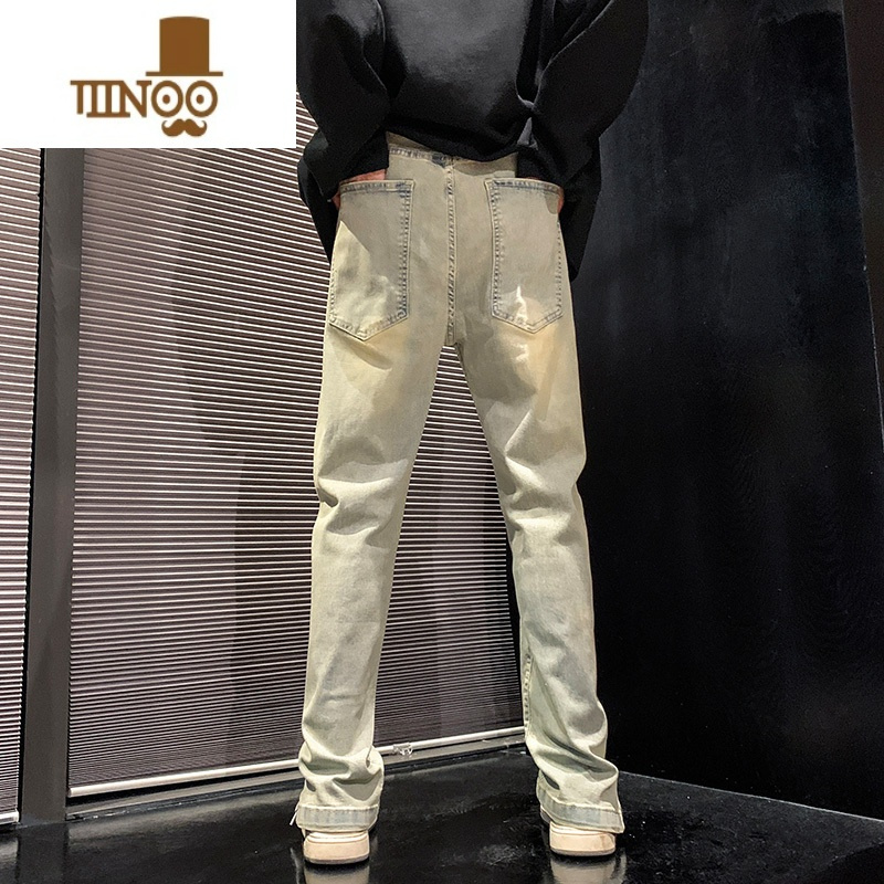 YANXU牛仔裤男夏季新款美式高街vibe水洗做旧裤脚拉链开叉直筒休闲长裤