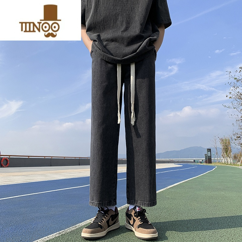 YANXU牛仔裤男九分裤浅色休闲直筒裤2023秋季新款潮牌男款美式高街裤子