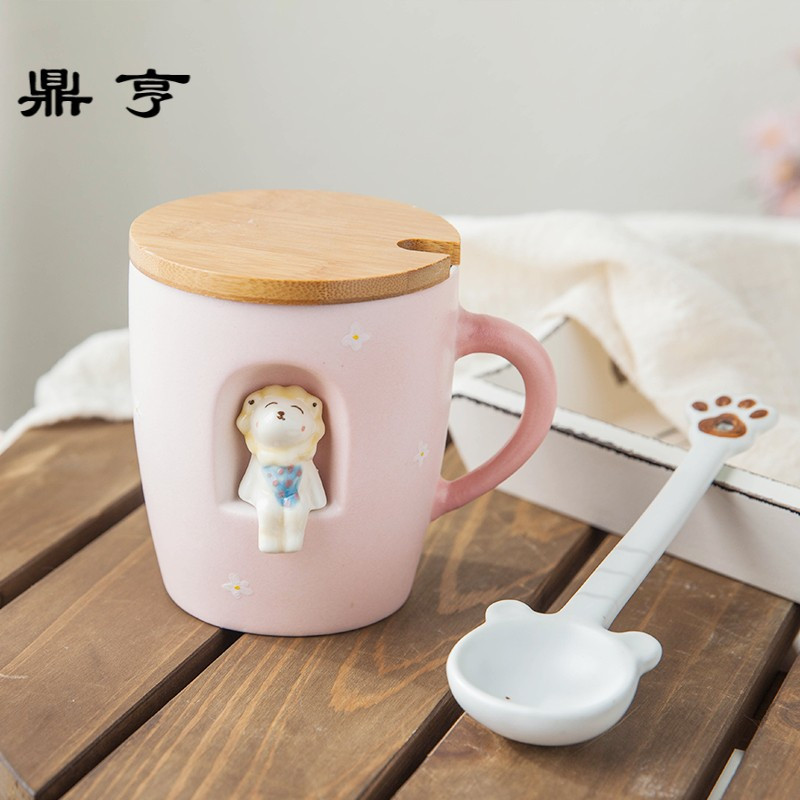 鼎亨 3d立体手绘动物杯创意卡通猫咪陶瓷杯子 咖啡杯马克杯带盖勺