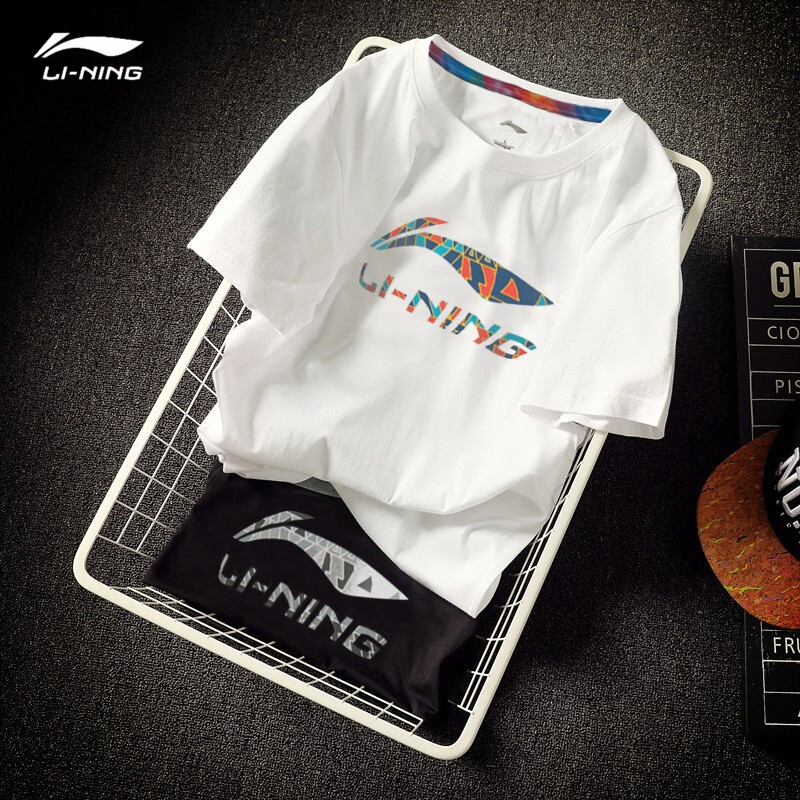 李宁短袖t恤男装夏季薄纯棉半袖大logo休闲圆领文化衫运动服上衣运动