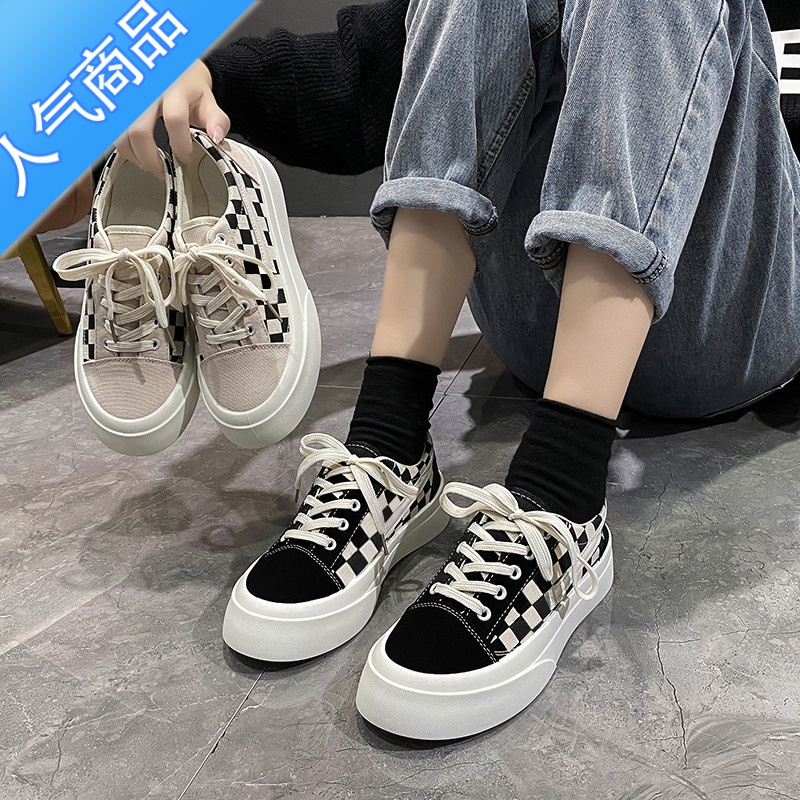 SUNTEK帆布鞋女夏春薄款透气潮鞋ins2023春新款小众棋盘板鞋百搭小白鞋高清大图