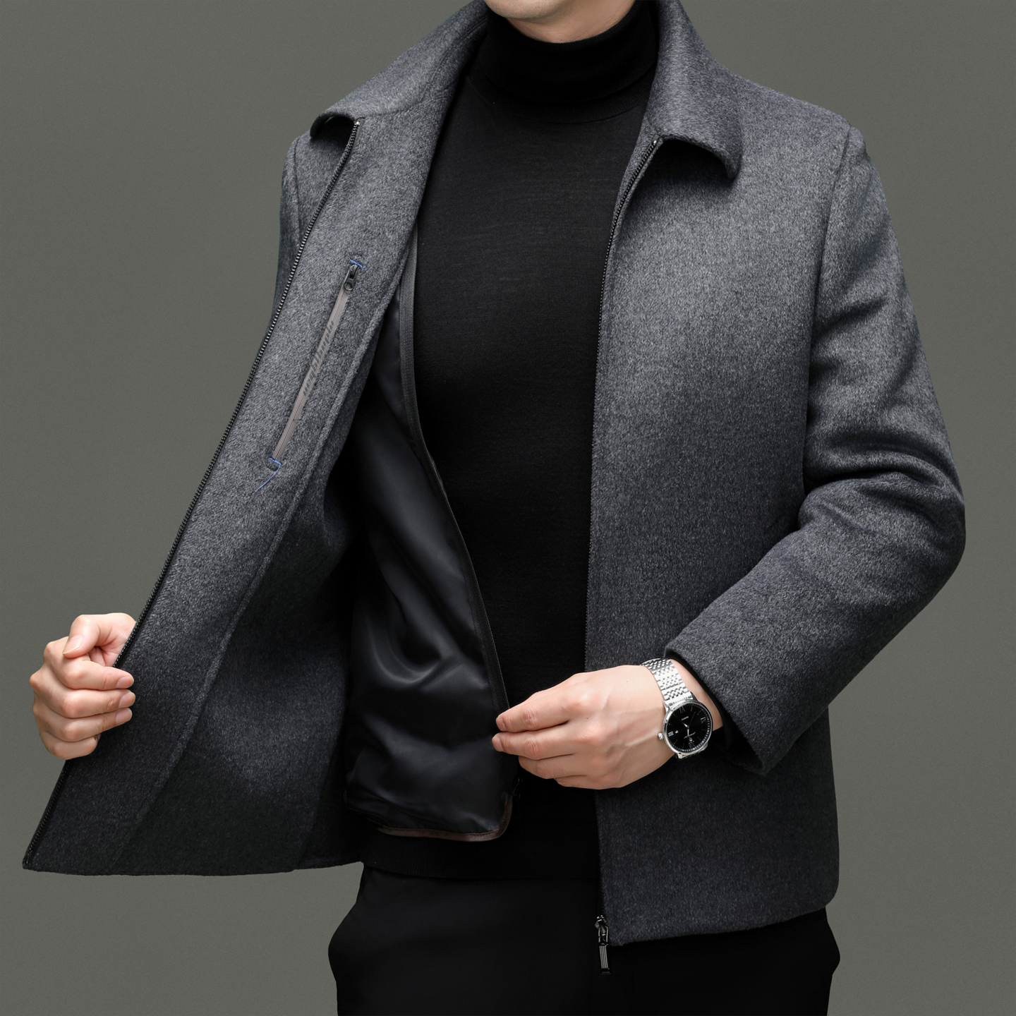 爸爸毛呢羽绒服男士2025新款冬季加厚短款中老年人羊毛呢大衣冬装外套毛呢大衣男中长款冬季爸爸装羊毛呢子外套保暖鸭绒羽绒服高清大图